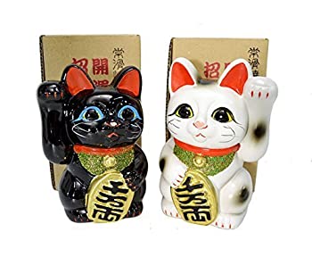 【中古】【輸入品・未使用】招き猫 4号 白黒ペア猫 常滑焼|スカイマーケットプラス