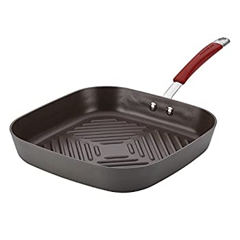 【中古】【輸入品・未使用】レイチェル 線 Cucina 硬質アルマイト テフロン加工 11 インチ 深い スクエア グリルパン 、 クランベリー の 赤い ハンドル 付き グレー