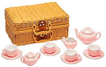 【中古】【輸入品・未使用】(pink) - MMP Living Children's 13 Piece Porcelain Play Tea Set with wicker style basket - Pink