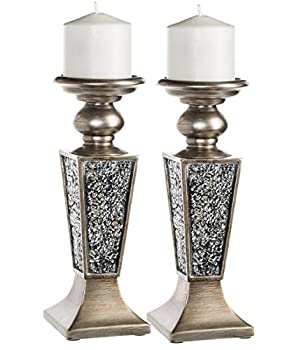 【中古】【輸入品・未使用】(Candle Holder (set of 2)) - Creative Scents Schonwerk Pillar Candle Holder Set of 2- Crackled Mosaic Design- Functional Table Decorati