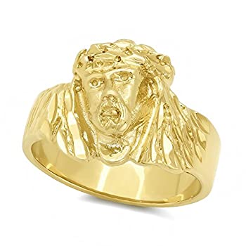 【中古】【輸入品・未使用】The Bling Factory 14Kゴールドメッキ 幅19mm 光沢仕上げ イエスキリスト プロフィールリング マイクロファイバークロス付き NA-ringsize ゴール
