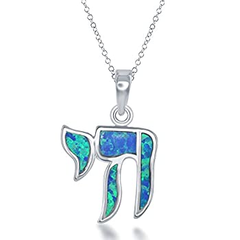 【中古】【輸入品・未使用】Beaux Bijoux スターリングシルバー 人工ブルーオパール ヘブライのチャイ(人生)ペンダント 18インチのチェーン付き