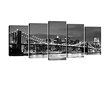 【中古】【輸入品・未使用】Wieco Art ブルックリン橋夜景 5枚のパネル モダンな風景画 キャンバスプリント キャンバスに抽象画 自宅のインテリア用または壁画用芸術作品 10
