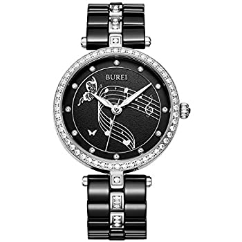 【中古】【輸入品・未使用】BUREIレディースラグジュアリードレスWrist Watches with Diamondベゼルアナログクォーツとブラックセラミックブレスレット