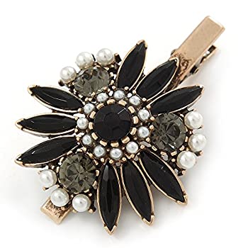 【中古】【輸入品・未使用】Vintage Inspiredブラック/グレークリスタル、パールフラワーヘアクリップBeak /コンコードクリップ/クランプでクリップブロンズトーン???60?mm