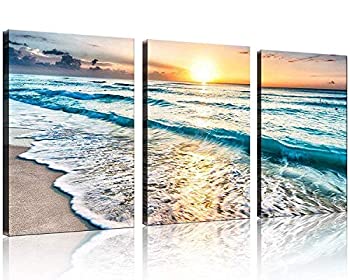 【中古】【輸入品・未使用】QICAI 3 Panel Canvas Wall Art for Home Decor Blue Sea Sunset White Beach Painting The Picture Print On Canvas Seascape the Pictures For