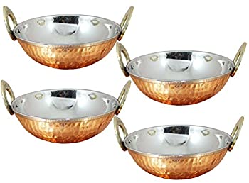 【中古】【輸入品・未使用】Avs Stores Set of 4%ｶﾝﾏ% Indian Copper Serveware Karahi Vegetable Dinner Bowl with Solid Brass Handle for Indian Food%ｶﾝﾏ% Diameter- 13