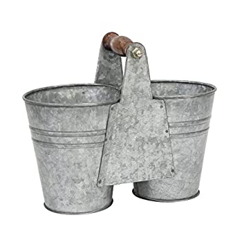 【中古】【インポート品・未当て嵌める】Stonebriar コンサバトリー アンティーク ジンクメッキダブルバケツ 木製手持ち部分付き添い人 しろがね色