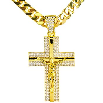 【中古】【輸入品・未使用】新しいメンズ14?Kゴールド&シルバーPlated Iced Out Cross Jesus Pendant 30?%ﾀﾞﾌﾞﾙｸｫｰﾃ% HeavyキューバチェーンネックレスHC 6010