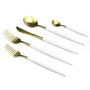 【中古】【輸入品・未使用】(4%ｶﾝﾏ% White & Gold) - JANKNG 20-Piece 18/10 Stainless Steel Flatware Set%ｶﾝﾏ% Serive for 4%ｶﾝﾏ% With Fork Spoons Knife Teaspoon Desse