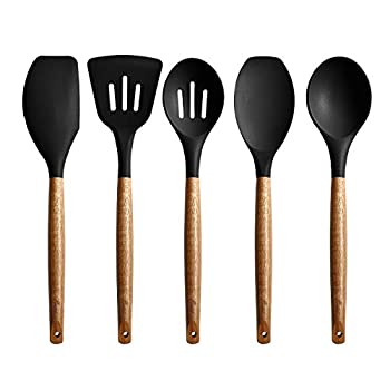【中古】【輸入品・未使用】Miusco シリコーン調理器具セット5点セット 天然アカシア広葉樹ハンドル (ブラック)