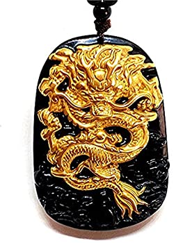 【中古】【輸入品・未使用】Yigedan 18K 999 純イエローゴールドインレー 天然黒曜石 黒曜石 ペンダント ドラゴンジェム ヒーリングクリスタル