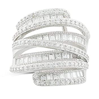 【中古】【輸入品・未使用】JanKuo Jewelry カクテルリング ロジウムメッキ バゲットキュービックジルコニア 幅広バンド
