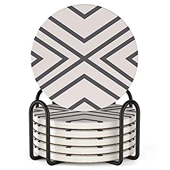 【中古】【輸入品・未使用】LIFVER 6 Piece Absorbent Stone Coaster Set with Holder%ｶﾝﾏ% Ceramic Drink Coasters%ｶﾝﾏ% Grey Lines%ｶﾝﾏ% 4 Inch