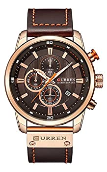 メンズクロノグラフスポーツウォッチブラウンレザーストラップクォーツウォッチビジネスカジュアルWrist Watch for Men ゴールド