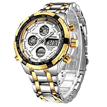 【中古】【輸入品・未使用】GOLDEN HOUR 高級ステンレススチール アナログデジタル腕時計 メンズ アウトドア スポーツ 防水 ビッグヘビーウォッチ シルバー ゴールド ホワイ