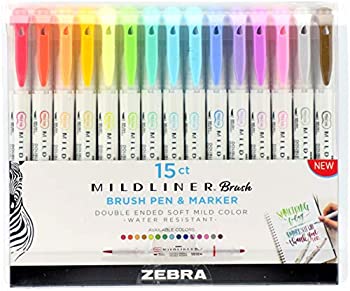 【中古】【輸入品・未使用】Zebra Pen マイルドライナー 両端ブラシと細字ペン アソートカラー 15本