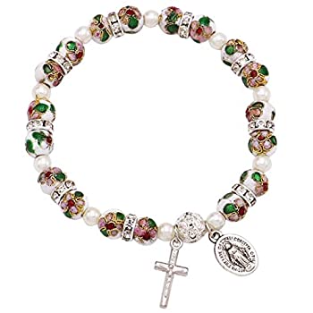 【中古】【輸入品・未使用】Rosemarie Collections レディース 七宝 ビーズ ストレッチ ロザリオブレスレット 十字架と奇跡のメダル付き ホワイト