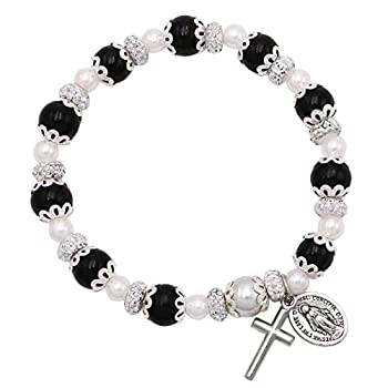 【中古】【輸入品・未使用】Rosemarie Collections レディース 人工パールビーズ ストレッチ ロザリオブレスレット 十字架と奇跡のメダル付き ブラック