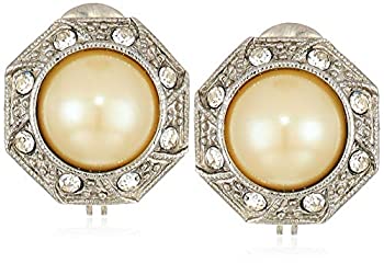 【中古】【輸入品・未使用】1928 Jewelry レディース シルバートーン 人工パール クリスタル ラウンドボタン クリップイヤリング ホワイト ワンサイズ