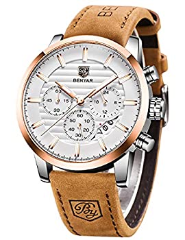 【中古】【輸入品・未使用】BENYAR クォーツクロノグラフ防水腕時計 ビジネス&スポーツデザイン レザーバンド ストラップ腕時計 メンズ Brown White