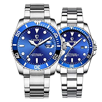 【中古】【輸入品・未使用】カップルウォッチ クラシック ゴールド ステンレススチール 腕時計 彼と彼女の防水 クォーツウォッチ シルバーブルー