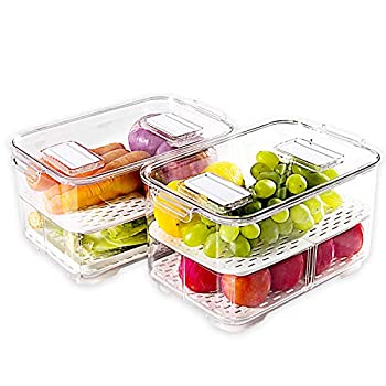 【中古】【輸入品・未使用】elabo 食品保存容器 冷蔵庫 野菜保存容器 - 積み重ね可能 冷蔵庫オーガナイザー 引き出し 容器 バスケット 蓋と取り外し可能な排水トレイ付き 野