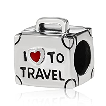 【中古】【輸入品・未使用】I Love to Travel チャーム ソリッド 925 スターリングシルバー スーツケースチャーム チャームブレスレット用レッドエナメルハート付き