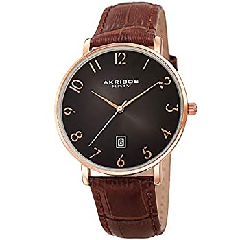 【中古】【インポート品・未当て嵌める】Akribos 学生寄宿舎型 水晶 現代的 メンズウォッチ 古典派音楽絵図面 ワニ型押し本革胴締め AK1077 Rose Gold Case/Brown Strap 腕時計-その他
