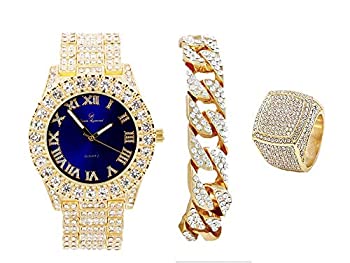 【中古】【輸入品・未使用】メンズ ゴールド ビッグロック ベゼル ロイヤルブルーダイヤル ローマ数字 フルアイスアウトウォッチ キューバチェーンブレスレット&リング付き