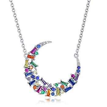 【中古】【輸入品・未使用】スターリングシルバー レインボー バゲット キュービックジルコニア 三日月 16+2インチ ネックレス