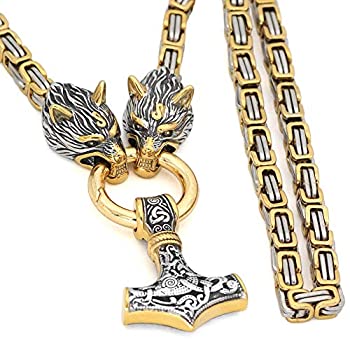 【中古】【輸入品・未使用】GuoShuang メンズ ウルフヘッド 北欧バイキングお守り トールハンマー ペンダントネックレス - ステンレススチール キングチェーン シルバー