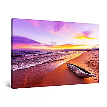 【中古】【輸入品・未使用】Startonight Canvas Wall Art Decor Purple Beach Morning Sunrise and Boat Print for Bedroom 60 x 90 cm