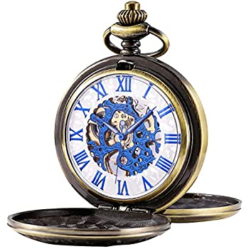 【中古】【輸入品・未使用】SIBOSUN メンズ 機械式 ローマ数字 文字盤 スケルトン 懐中時計 ボックスとチェーン付き メンズ レディース ダブルカバー 2つのブルー数字、ブロ 10,364円