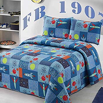 【中古】【輸入品・未使用】ツインサイズキルトベッドスプレッド キッズ/ティーンズ ボーイズ 宇宙船 ソーラーシステム 太陽軌道 ブルー イエロー オレンジ マルチカラー 寝｜スカイマーケットプラス