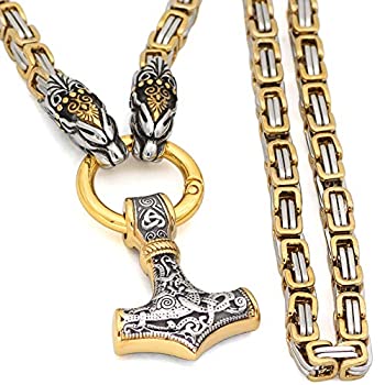 【中古】【輸入品・未使用】GuoShuang メンズ フェンリルウルフヘッド MJOLNIR トールハンマー 北欧バイキングペンダントネックレス キングチェーン シルバー