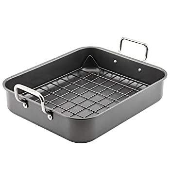 【中古】【インポート品・未当て嵌める】Rachael Ray 耐熱皿 ノン突っ支い棒ロースター/焙じる食麺麭 リバーシブルラック付き添い人 16.5in x 13.5in 薄墨色 鍋・フライパン-キッチン用品・食器・調理器具