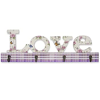 【中古】【輸入品・未使用】\u0026quot; Love \u0026quot;壁キーフックホルダー蝶花と格子柄印刷パターン???4メタルフック???17.75インチWide