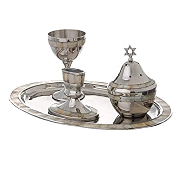 【中古】【輸入品・未使用】Highly Polished Non-Tarnishing Metal Havdalah Set with Mother of Pearl Design