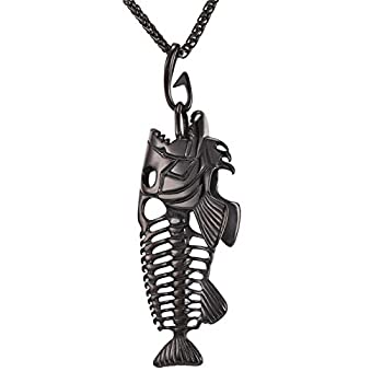 【中古】【インポート品・未当て嵌める】u7メンズファッションネックレスステンレススチール/黒いことGun / 18?Kゴールドメッキ御釣りスケルトン魚ボーンペンダントネックレス