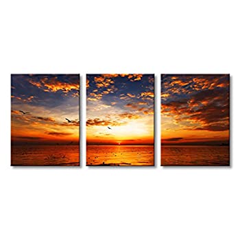 【中古】【輸入品・未使用】Golden Sunrise 3 パネル 現代 海の風景の絵画 キャンバス ウォールアート プリント ギャラリー ラップ アートワーク 36%ﾀﾞﾌﾞﾙｸｫｰﾃ%W x 16%ﾀﾞﾌﾞﾙ