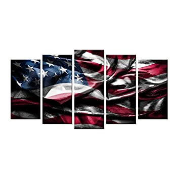 【中古】【輸入品・未使用】Hello Artwork USA アメリカ国旗フレーム付きキャンバスプリント ビンテージフラグ 絵画5パネル ジークレーアートワーク 枠張り&フレーム入り ホ