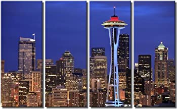 【中古】【輸入品・未使用】画像Sensations Framed Huge 4-panel Seattle Skyline Gicleeキャンバス印刷