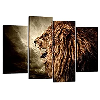 【中古】【輸入品・未使用】Kreative Arts ? 4パネル壁アート ライオンペインティング キャンバスに印刷 動物の絵 家の装飾用 ギフトピース 木製フレームに伸ばしてすぐに掛