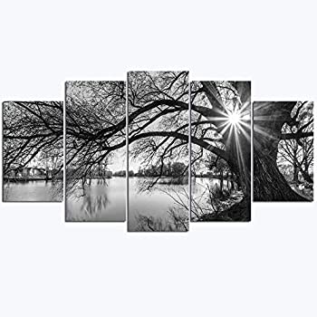 【中古】【輸入品・未使用】sechars ? 5ピース 壁アート 古い木 湖 写真 キャンバスプリント 日の出 絵画 白黒 風景 キャンバス アート モダン 壁 装飾 額入り すぐに掛けら