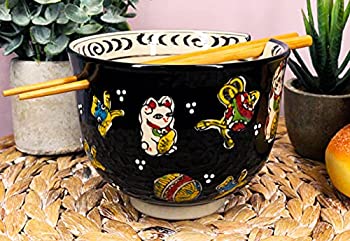 【中古】【輸入品・未使用】Ebros Gift 幸運のニャオ猫 日本招き猫 カラフルな磁器ボウル 竹箸セット サラダラーメンフォー シリアルホームキッチン装飾ボウル(ブラック)