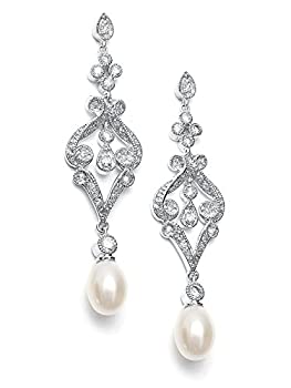 【中古】【輸入品・未使用】Mariell Vintage Cubic Zirconia Rhodium Scroll Bridal Earrings with Genuine Freshwater Pearl Drops