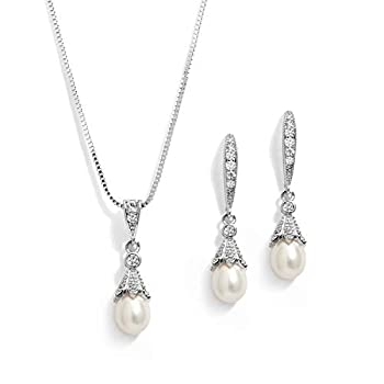【中古】【輸入品・未使用】Mariell ウェディングネックレス&イヤリング CZジュエリーセット 上品な淡水パール付き ブライズメイド&花嫁用