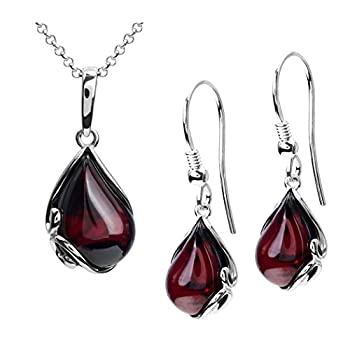 【中古】【輸入品・未使用】Cherry Amber スターリングシルバー イヤリング ペンダント ネックレス セット チェーン 18インチ, M, アンバー, アンバー