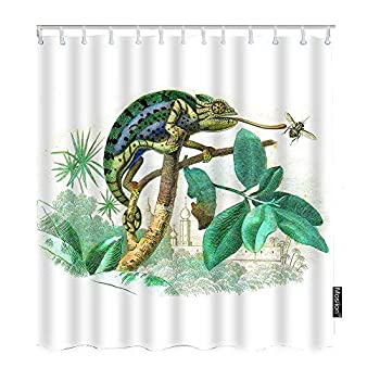【中古】【輸入品・未使用】Moslion Animal Bathroom Shower Curtain Chameleon Eating Bugs Lizard with Tree Leaves Grass Shower Curtains Home Waterproof Long Polyest画像